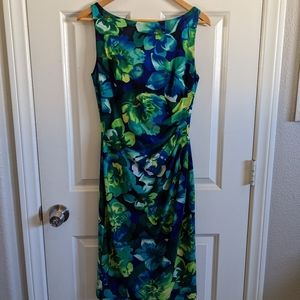 Green and blue floral dress, size 2, fitted, ruched, Ralph Lauren